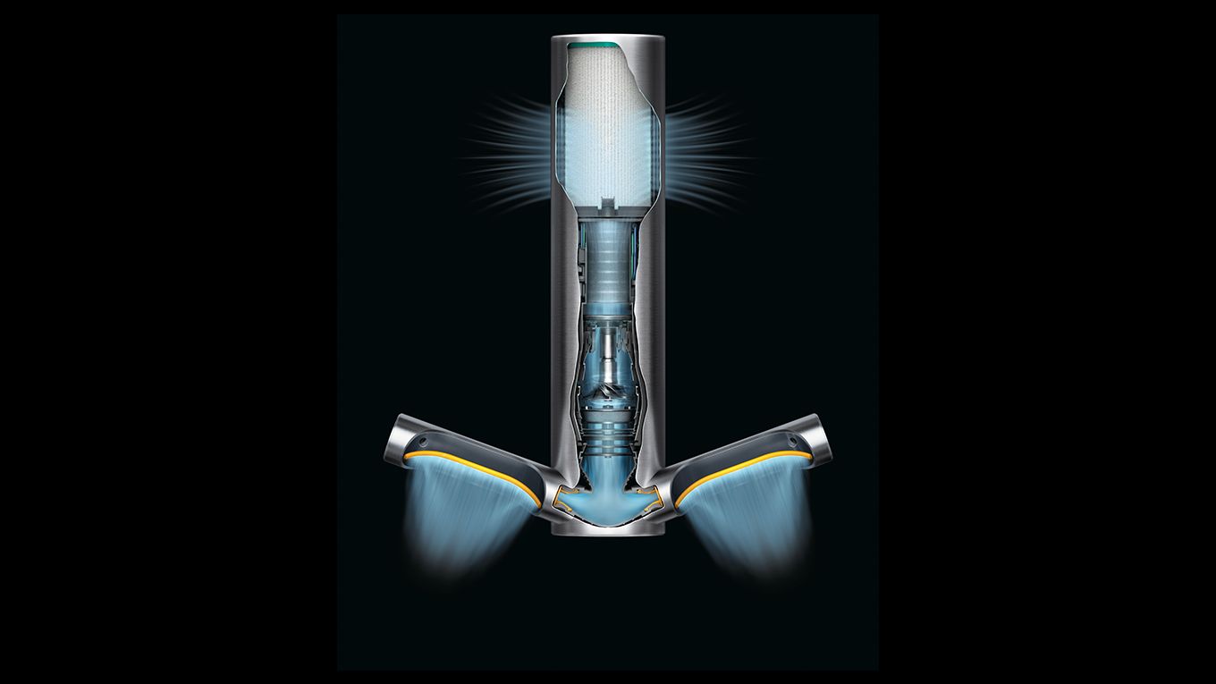 Dyson 9KJ hand dryer showing airflow Dyson Airblade being used to dry hands.